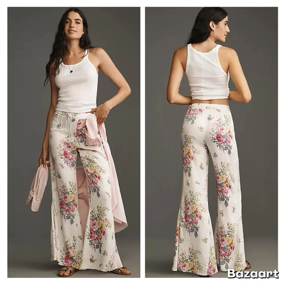 NWT By Anthropologie Floral Lace Silky Flare Pants Sz 6 - Picture 4 of 16
